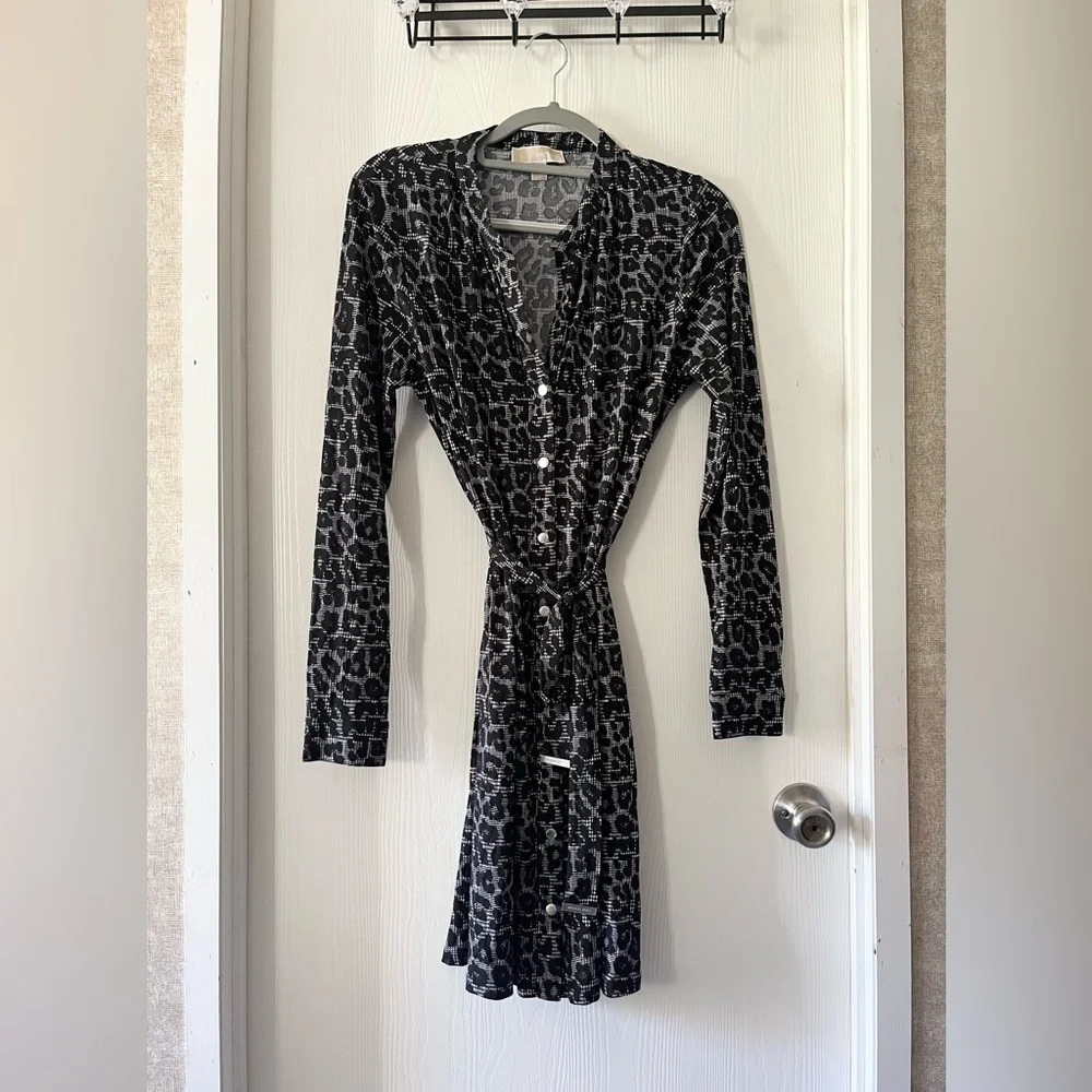 Michael Kors Black and Gray Leopard Print Slinky Mini-Dress